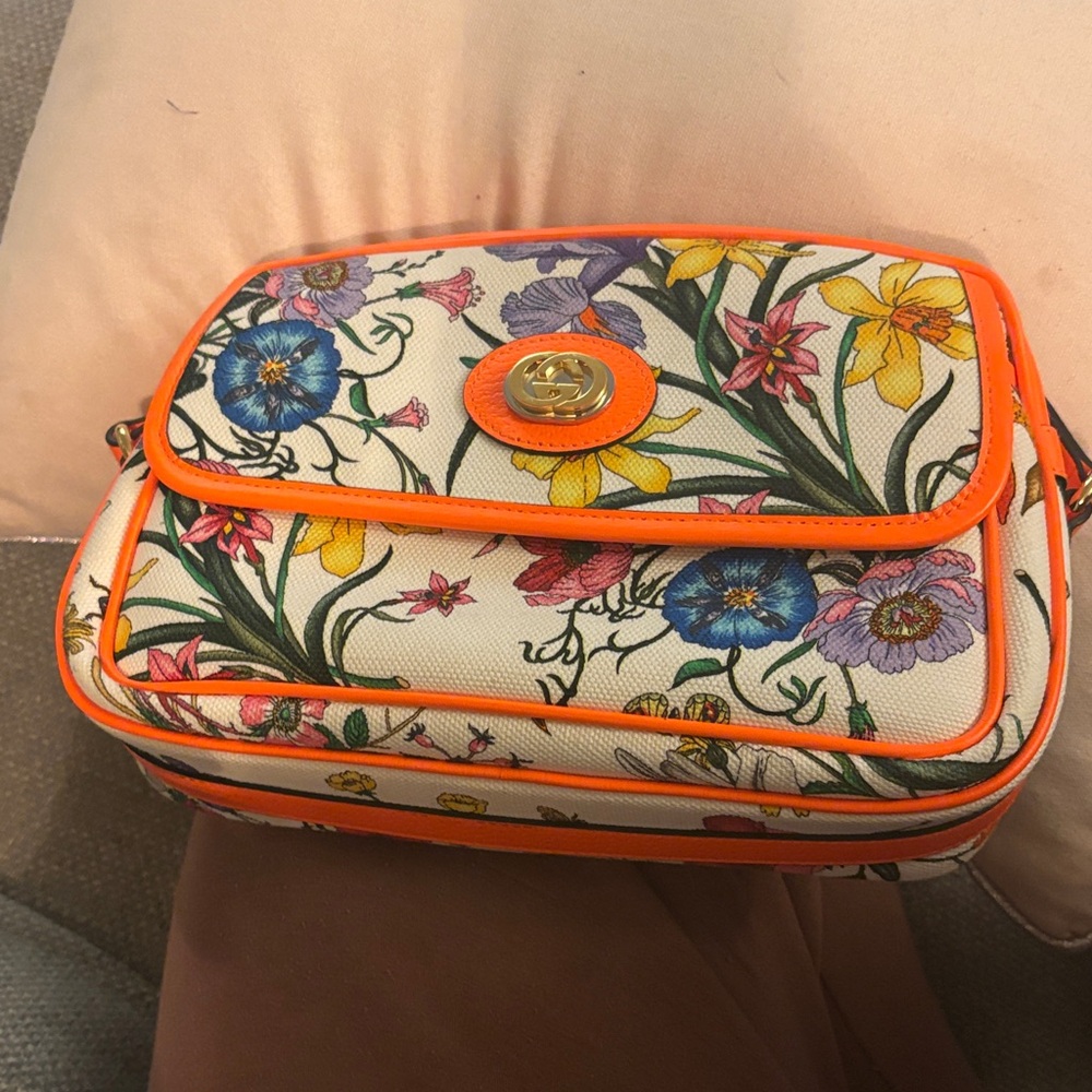Gucci Floral Canvas Crossbody Bag with neon Orange Accents